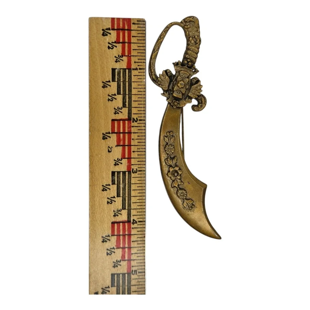 Vintage Scimitar Sword Brooch Pin Gold Tone Floral Ornate Medieval Costume